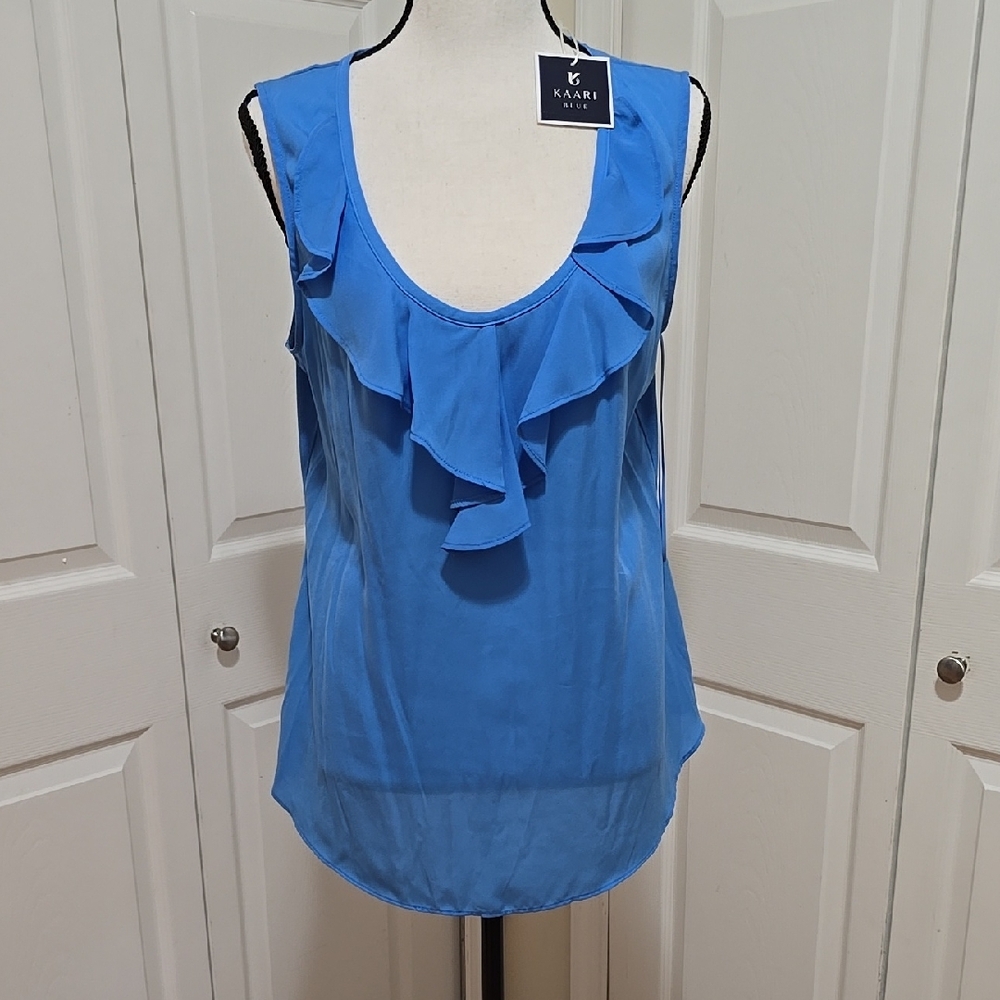 NWT Kaari Blue Ruffled Sky Blue Sleeveless Blouse Large